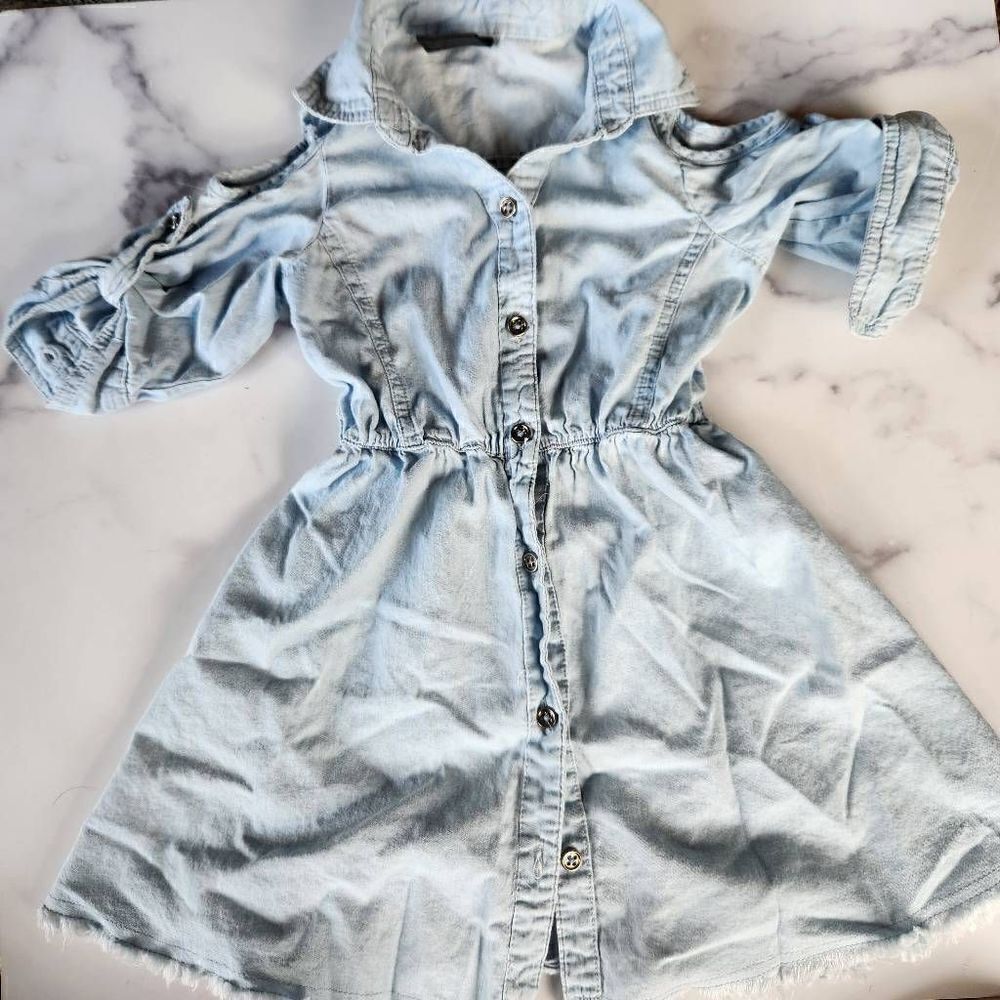 Chillipop girls 5-6 button up chambray cold shoulder dress frayed hem long sleev